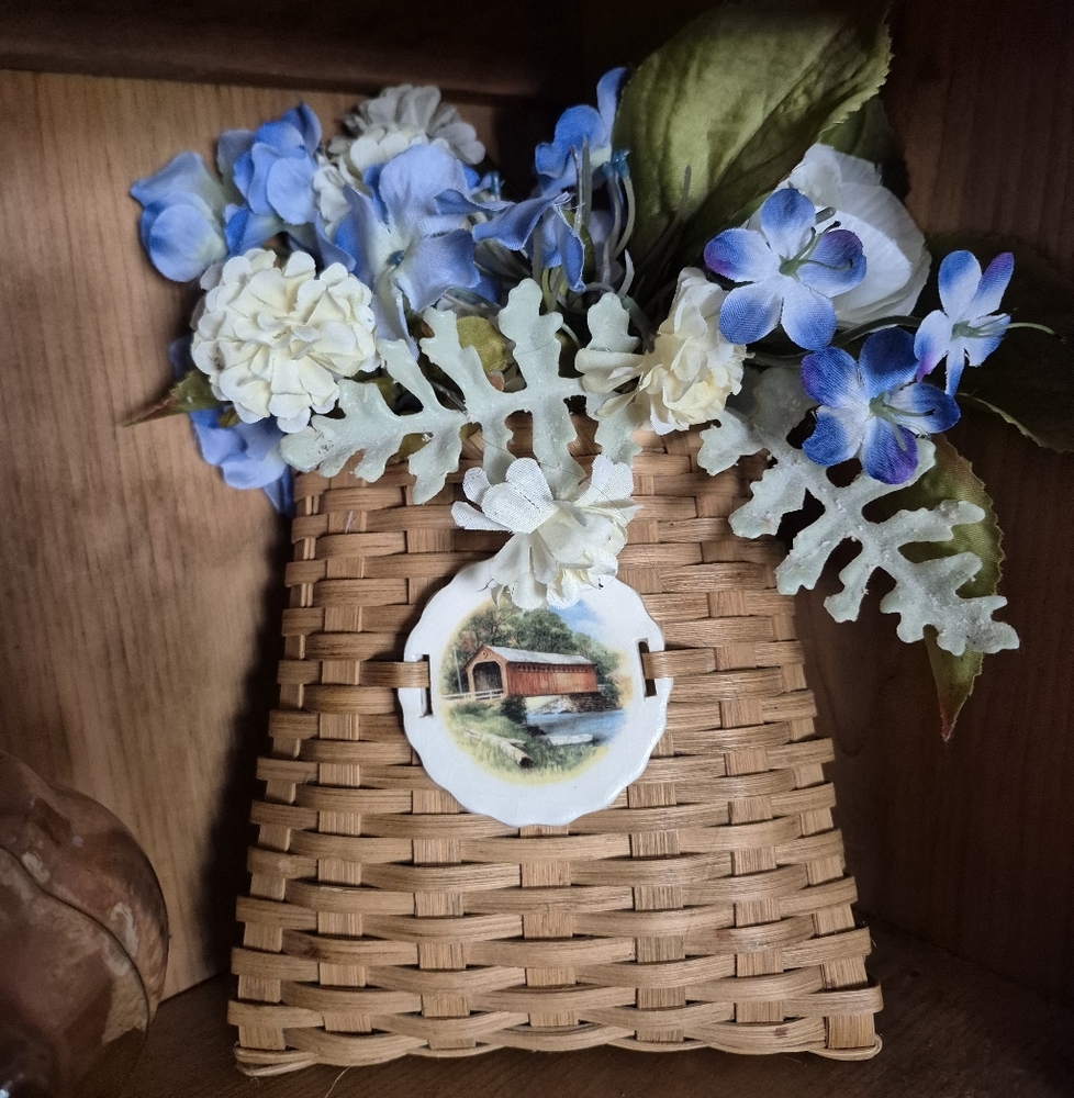 Woven Decorative Basket with Blue & Cream Floral Accent